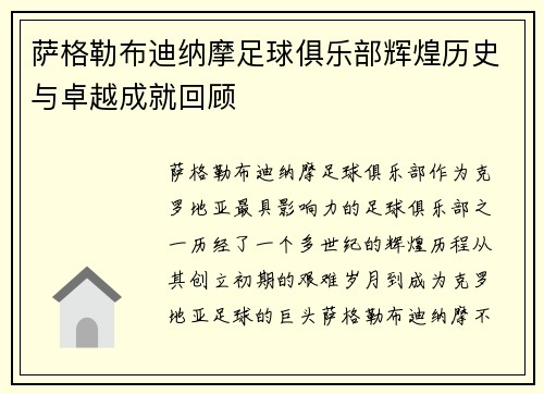 萨格勒布迪纳摩足球俱乐部辉煌历史与卓越成就回顾