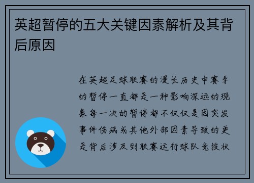 英超暂停的五大关键因素解析及其背后原因