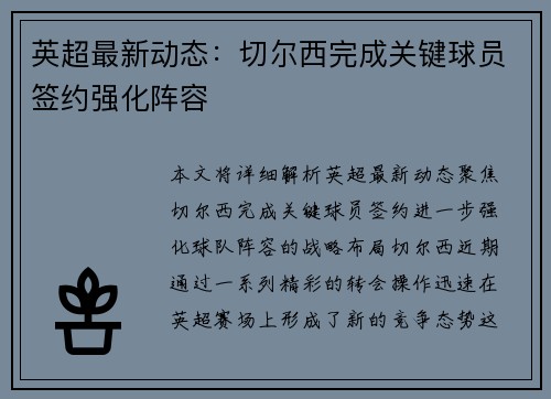 英超最新动态：切尔西完成关键球员签约强化阵容