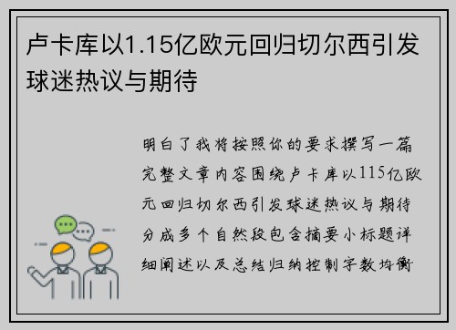 卢卡库以1.15亿欧元回归切尔西引发球迷热议与期待