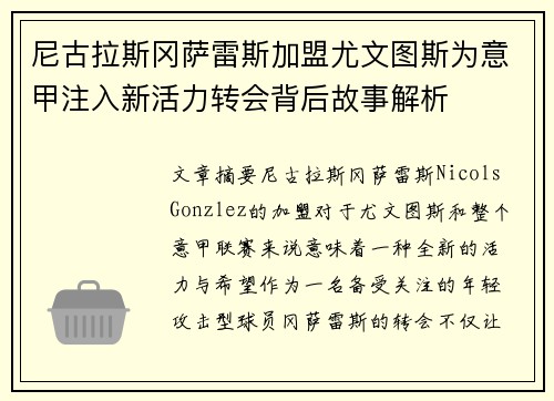 尼古拉斯冈萨雷斯加盟尤文图斯为意甲注入新活力转会背后故事解析